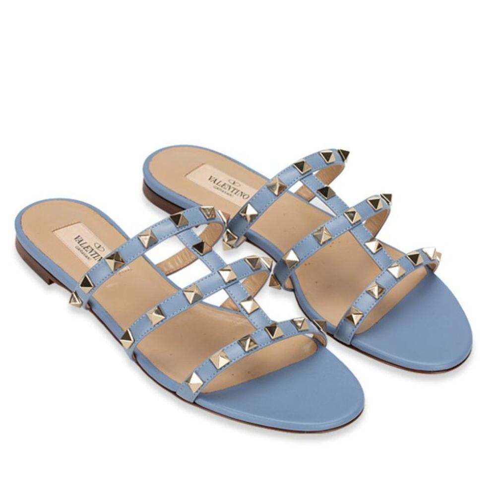 Valentino Garavani Slide Sandals Caged Rockstud Blue - 39 (US 9)
